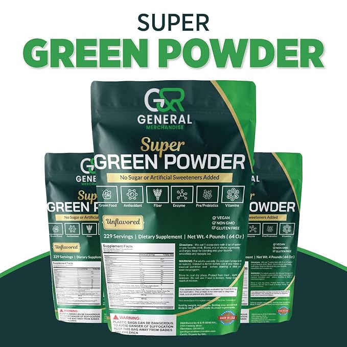Super Greens Powder Superfood Organic, 229 Servings Digestive Enzymes, Probiotics & Vitamins Vegetables (Wheatgrass, Spirulina & more), Fruits, 4 Pounds(64oz).