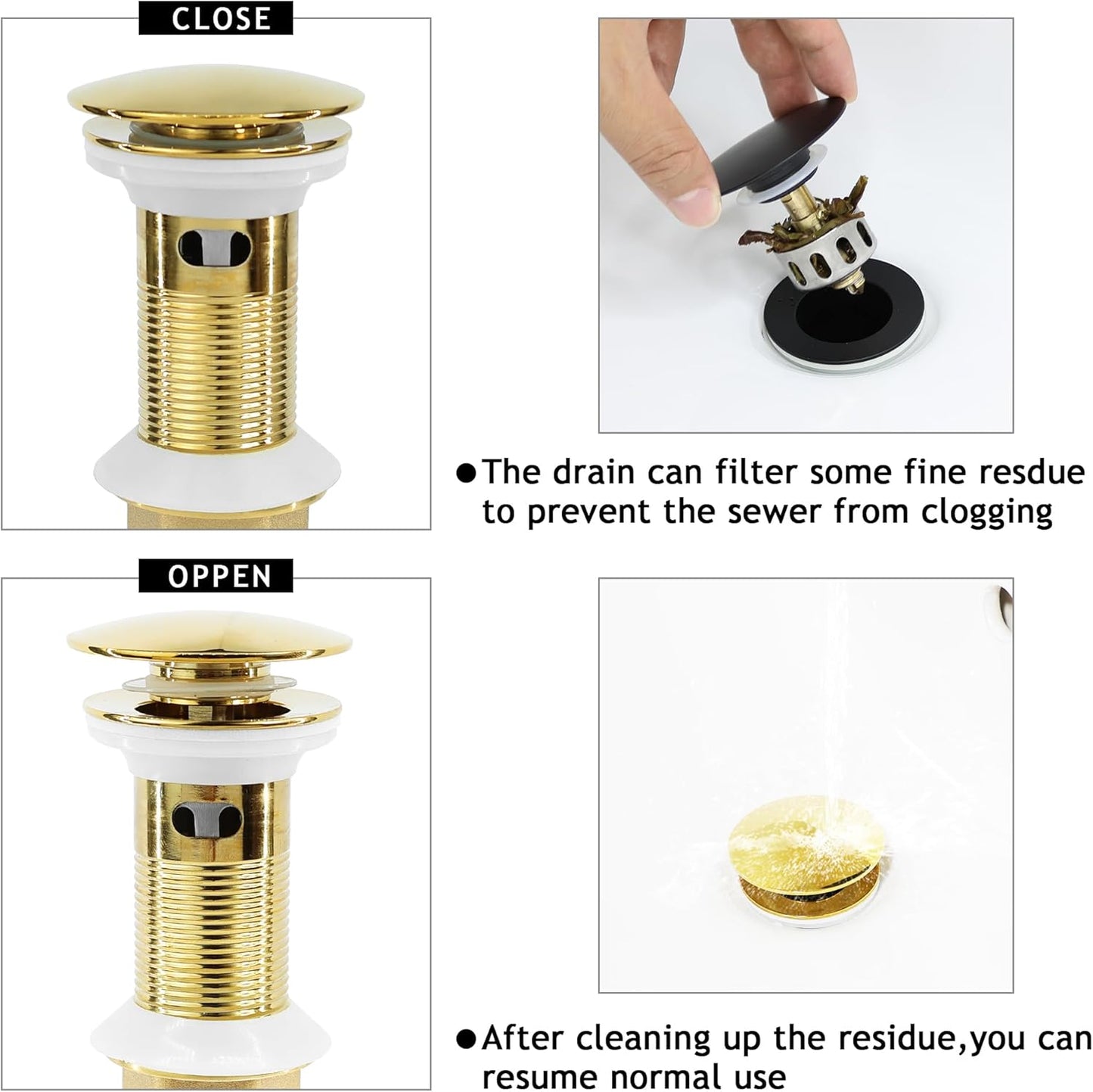 Bathroom Sink Drain, 4 Pack Gold Drain Stopper with Overflow,Pop Up Drain Assembly Without Detachable Strainer Basket,Built-in Anti-Clogging Strainer,Stainless Steel