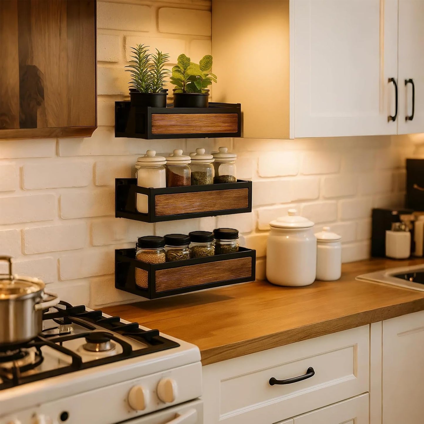 Spice Rack Wall Mount 3 Pack, Space-Saving Seasoning Organizer,Screw or Adhesive Hanging Spice Rack Organizer for Kitchen Cabinet and Wall (Engineered Wooden)