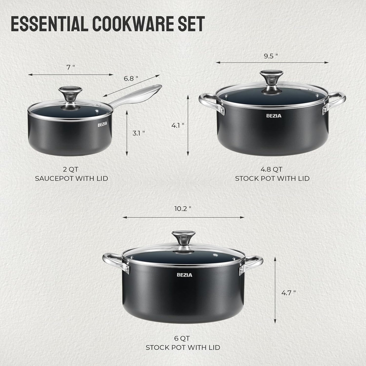 Induction Cookware Set 6-Piece, Stackable Kitchen Cooking Pots Set, 6qt 4.8qt & 2qt Pots with Lids, Dishwasher Safe & Oven Safe, Compatible with All Stoves, Black