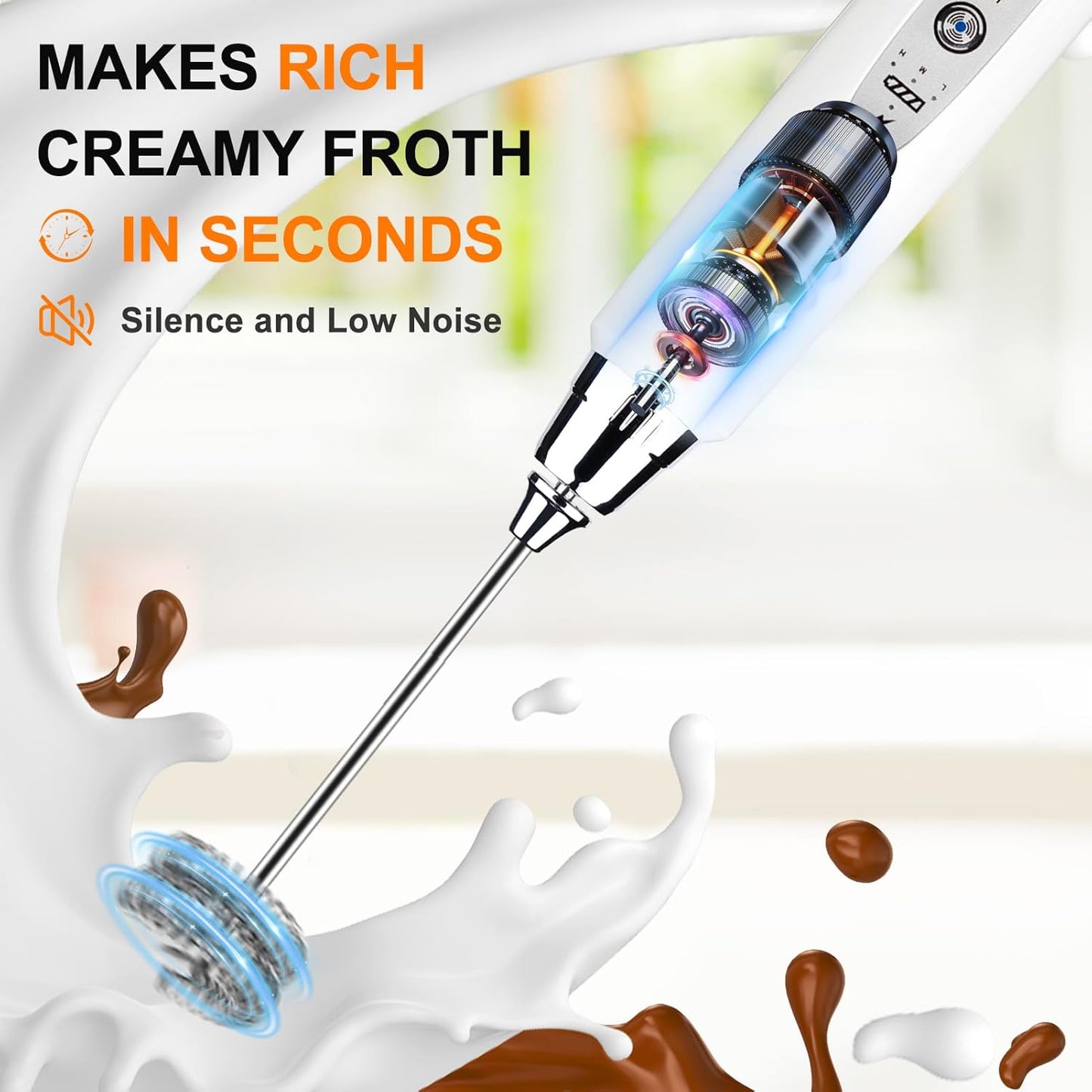 YUSWKO White Handheld Milk Frother Wand with Stand for Coffee, Rechargeable Electric Whisk with 3 Heads 3 Speeds Drink Mixer Coffee Frother For Latte, Cappuccino, Hot Chocolate, Egg