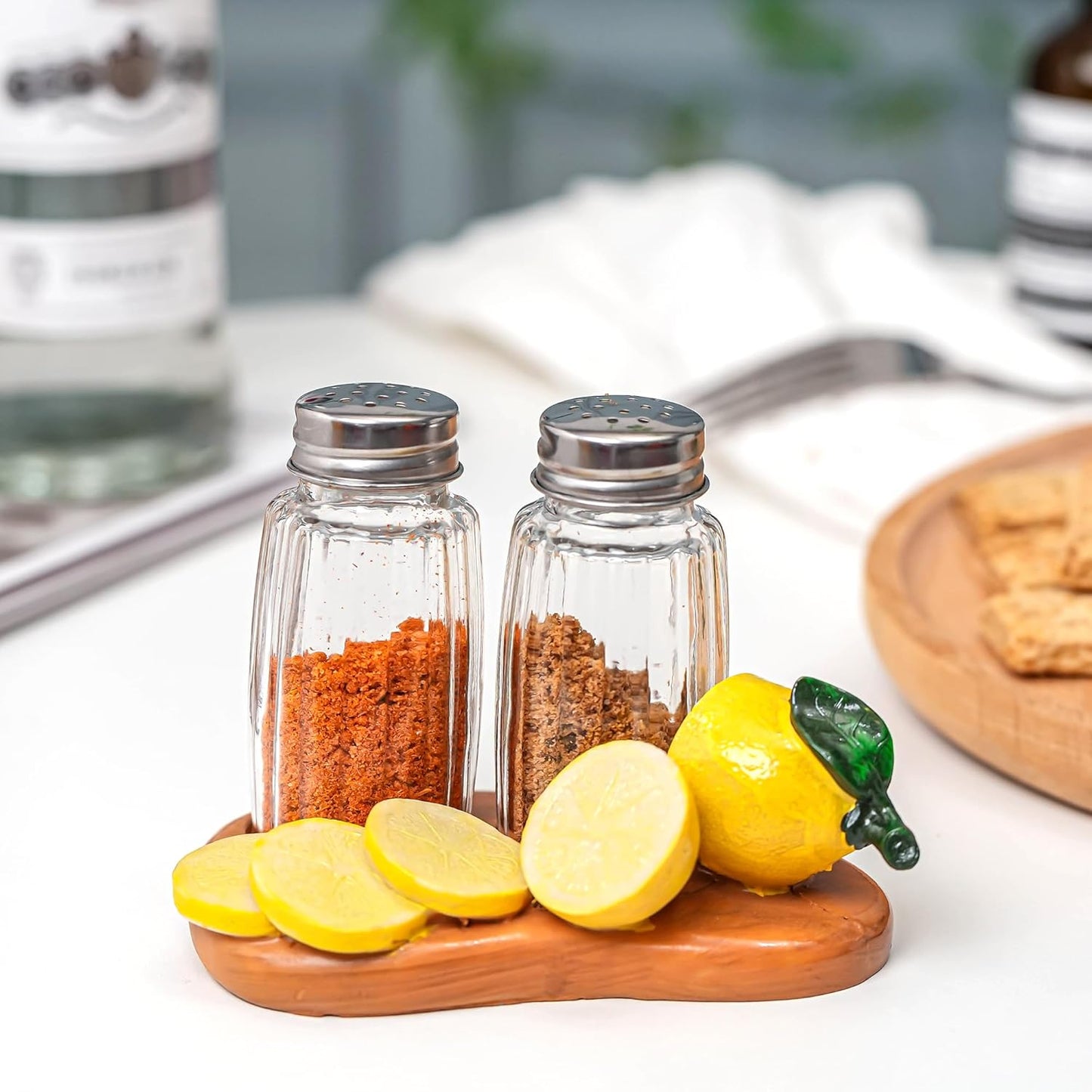 Lemon Decor Salt And Pepper Dispenser Shaker Holder for Kitchen DéCor - with Lemon Figurine And Statues Holder - Includes Glass Spice Jars