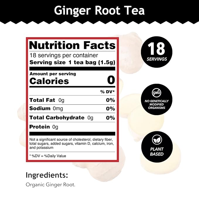 Buddha Teas - Organic Ginger Root Tea - Herbal Tea - For Health & Wellbeing - With Antioxidants & Minerals - Clean Ingredients - Caffeine Free - OU Kosher & Non-GMO - 18 Tea Bags (Pack of 1)