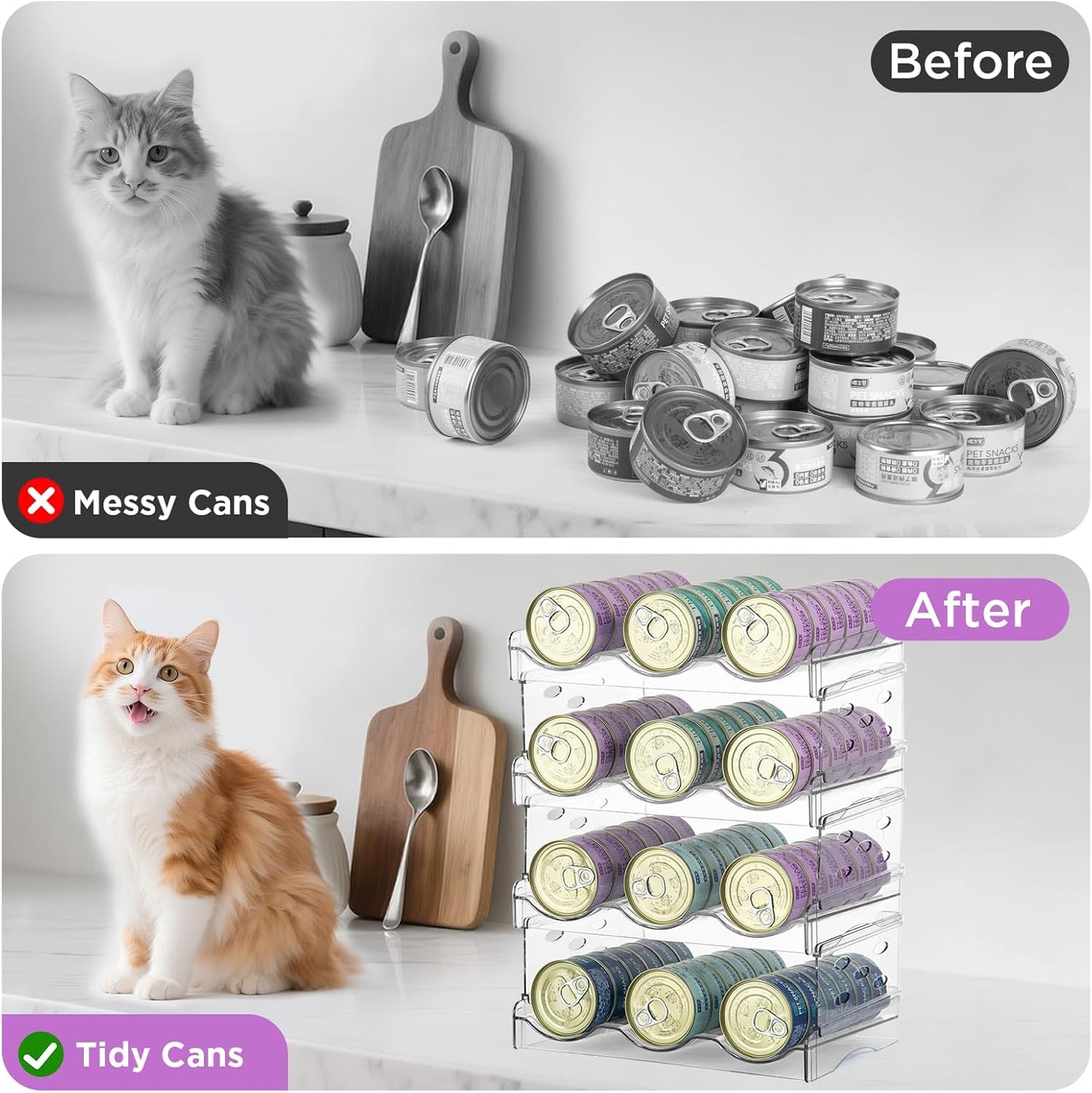 REFLYING Cat Food Can Organizer, 4-Layer Transparent Cat Food Storage Container Holds 72 (3.5oz) Cans, Canned Cat Food Organizer and Storage for Countertop Kitchen Cabinet or Pantry Shelf (4 Layers)