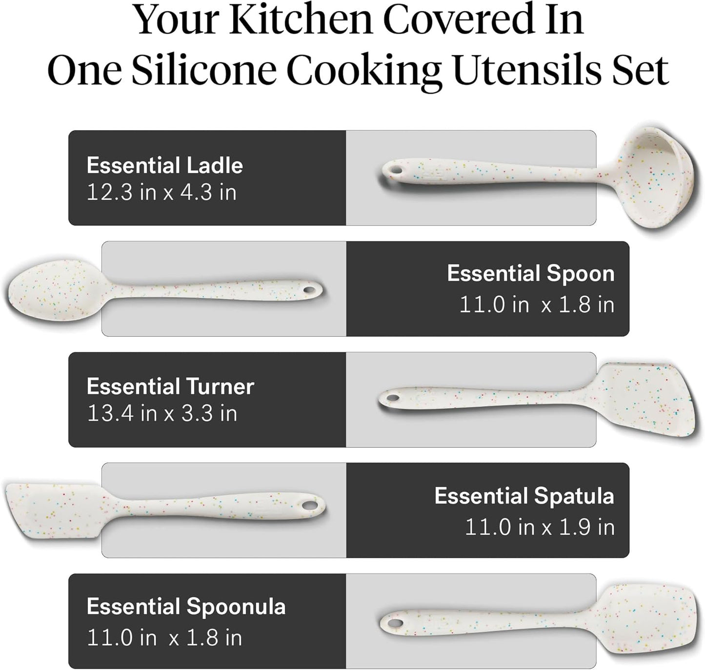 GIR: Get It Right 5-Piece Silicone Essentials Kitchen Utensils Set - Ladle, Spatula, Flip, Spoon & Spoonula - Non-Toxic Cooking Utensils for Nonstick Cookware, Cooking and Baking - Party Confetti