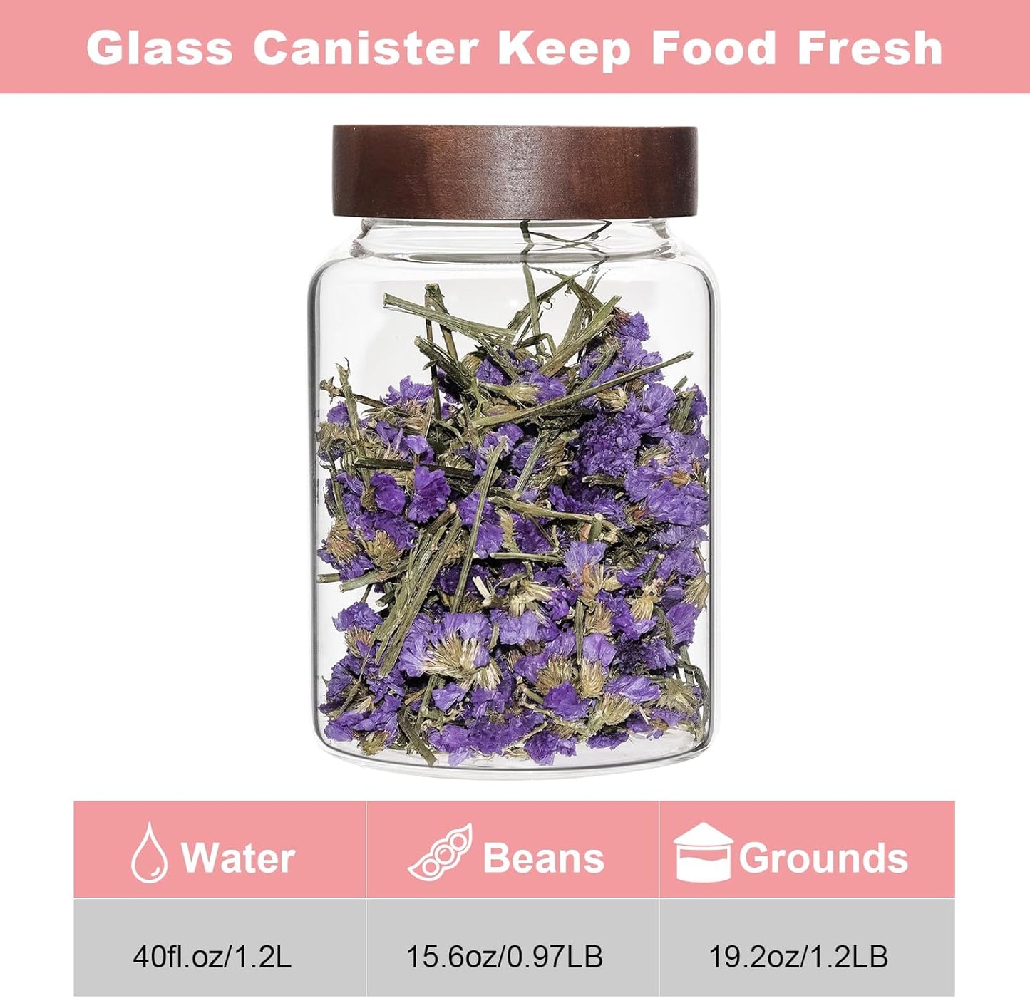 Glass Spice Jar Coffee Sugar Container Airtight Glass Jar Food Storage Canisters Bottle for Kitchen Seasoning Tea Herb Overnight Oats Bar Parfait Snacks (1200ml(40oz)-1 pack)