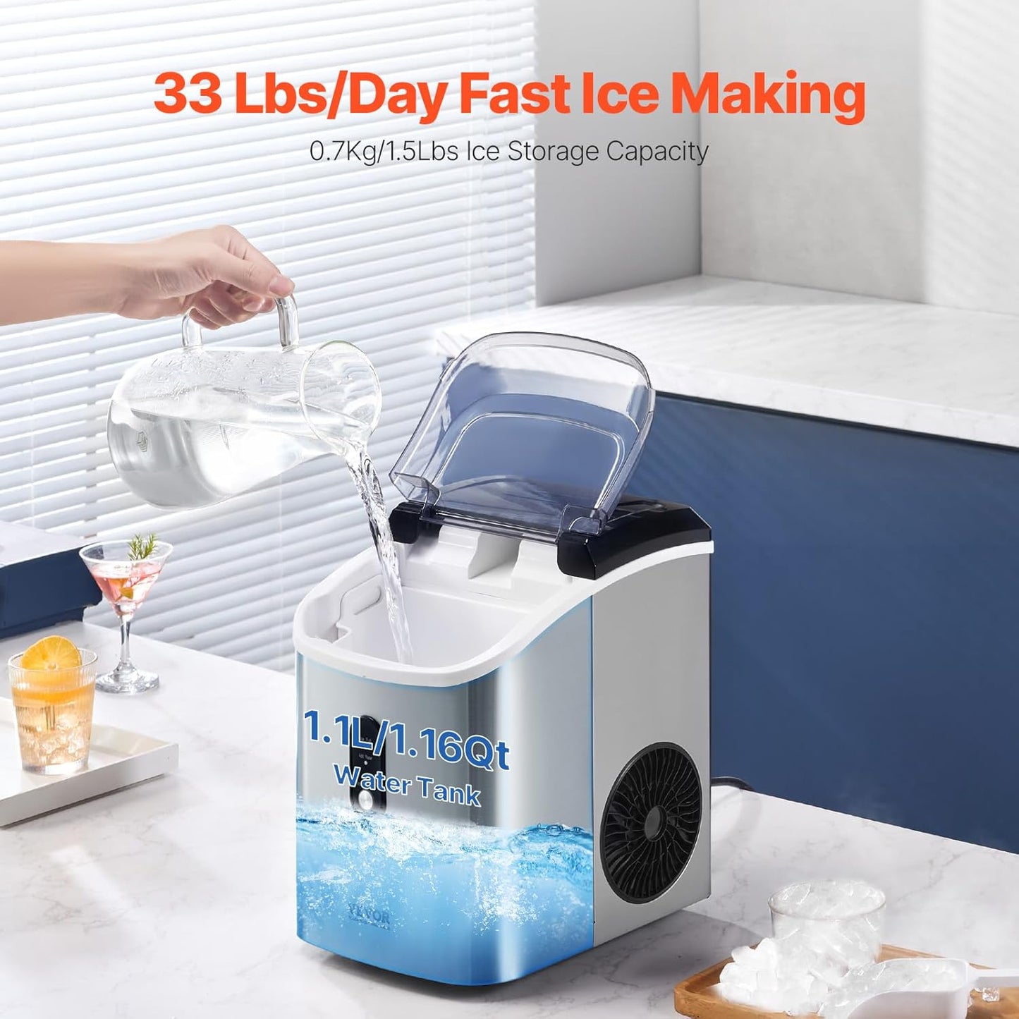 VEVOR Nugget Ice Maker, 33lbs/24H Pebble Ice Maker with Self Cleaning, Chewable Ice Maker with Ice Scoop & Basket, Stainless Steel Ice Machine with Transparent Lid for Home Kitchen Office Bar Party