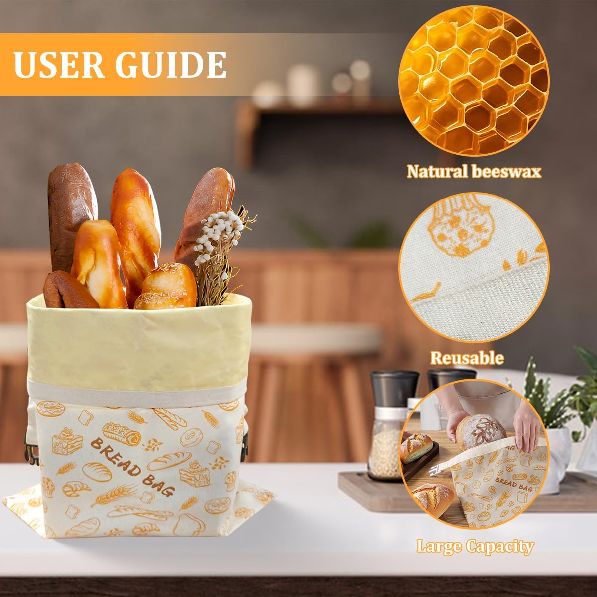 2 Pack Reusable Beeswax Bread Bags for Sourdough,Reusable Cotton Beeswax Bag for Homemade Bread,Freezer-Friendly&Freshness Preservation Storage to Keep Fresh 17x13in