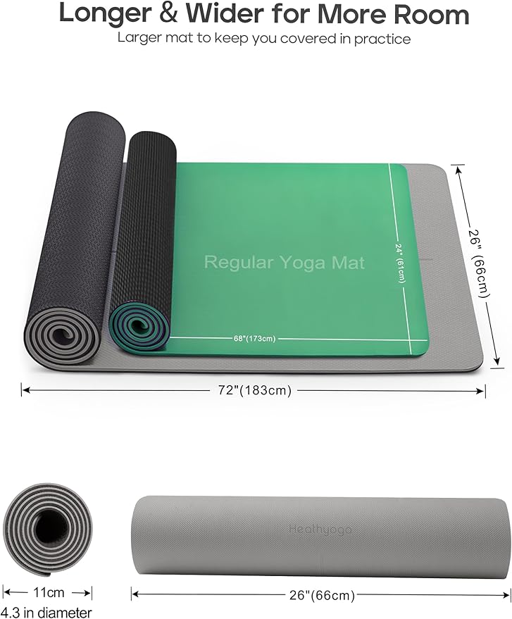 Heathyoga Eco Friendly Non Slip Yoga Mat, Body Alignment System, SGS Certified TPE Material - Textured Non Slip Surface and Optimal Cushioning,72"x 26" Thickness 1/4"