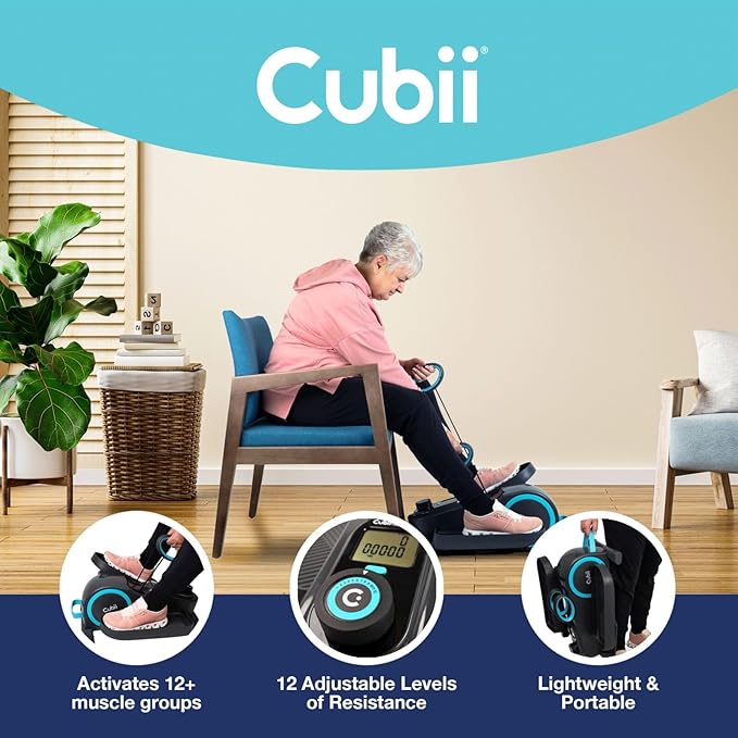 Cubii Total Body - Under Desk Seated Elliptical Pedal Exerciser with Built in Upper Body Resistance Bands, 12 Levels of Resistance, LCD Display, Whisper Quiet with Bluetooth - Adult to Seniors