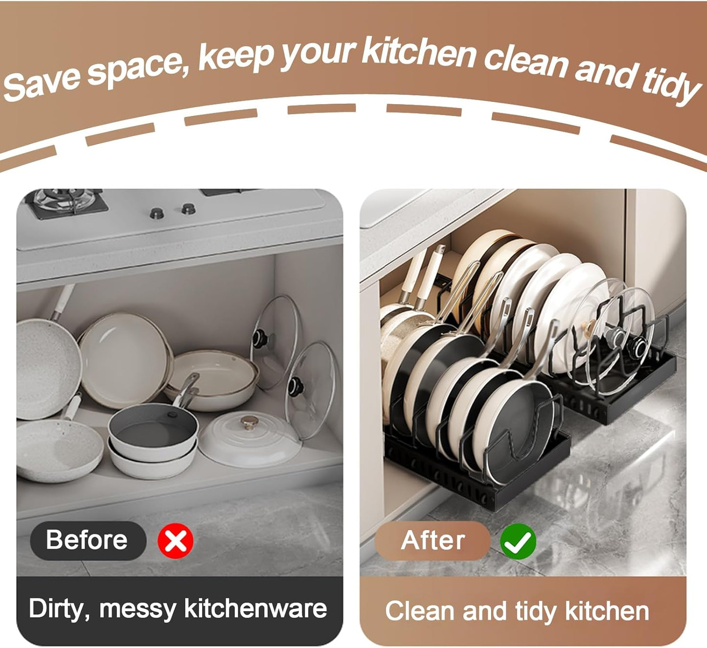 Pots and Pans Organizer Under Cabinet, Sliding Pot Lid Holder and Pan Rack in Kitchen, Pull out Pot and Pan Organizer, for Pot Lid, Bakeware, Dishes, Pots and Pans Storage