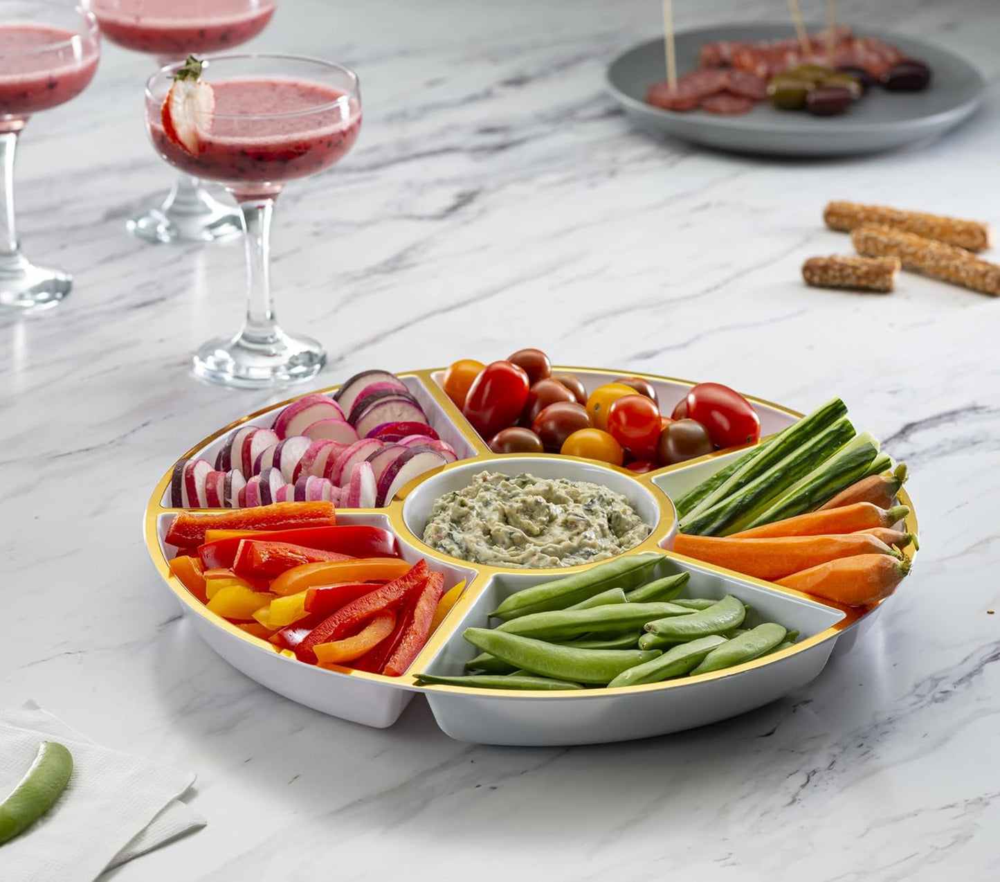 Plasticpro 6 Sectional Round Plastic Serving Tray/Platter (4, White & Gold)