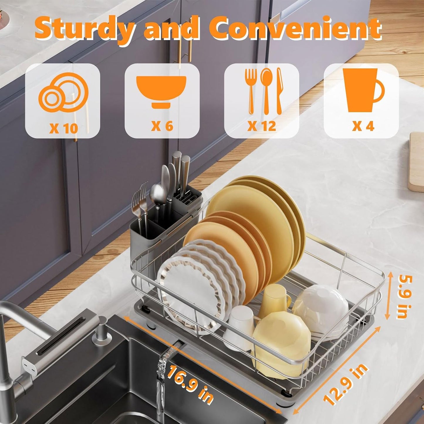 Stainless Steel Dish Drying Rack with Drainboard Dish Drainers for Kitchen Counter Extendable Spout Strainers with Utensil Holder and Knife Slots, Grey