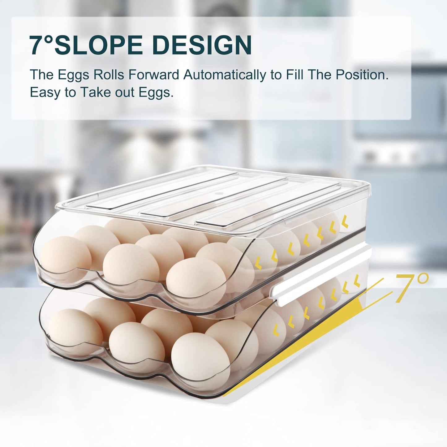 Egg Holder for Fridge,Automatically Rolling Egg Storage Container for Refrigerator,Egg Organizer for Fridge with Lid,Clear Plastic Dispenser, Tray & Box -3 Layer
