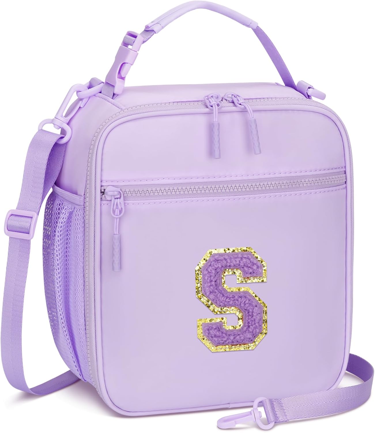 Initial Insulated Lunch Bag for Girls Kids, Back to School Gift, Reusable Leak-proof Lunch Box with Adjustable Strap for School Daycare Travel Picnic (Purple,S)