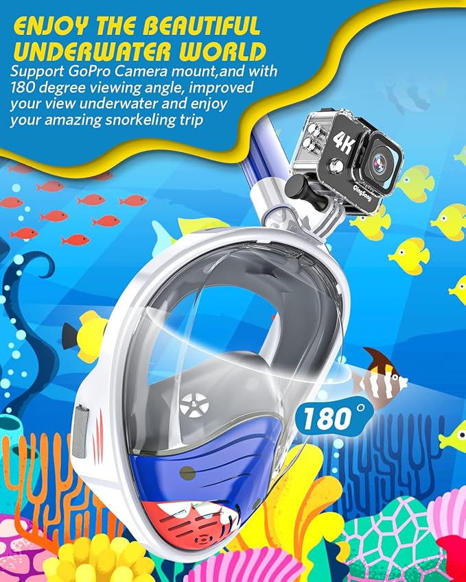 QingSong Kids Snorkel Mask Full Face, Snorkeling Set with Camera Mount, Foldable 180 Degree Panoramic View Snorkeling Gear Anti-Fog Anti-Leak