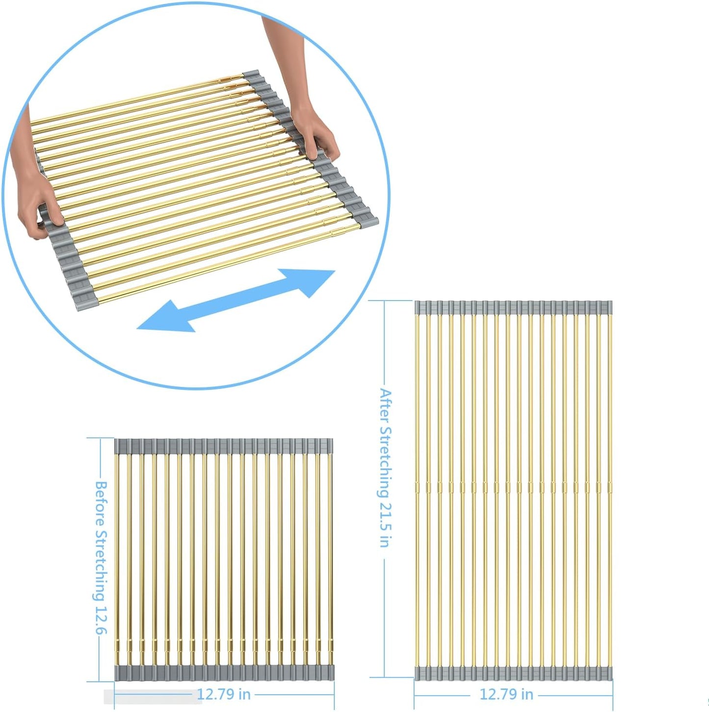Expandable Large Draining Rack, Roll Up Heat-Resistant Dish Drainer for Stainless Steel Sinks, Collapsible Over The Sink Rack Non-Slip Silicone Rolling Up Rack Gold 18 Tube