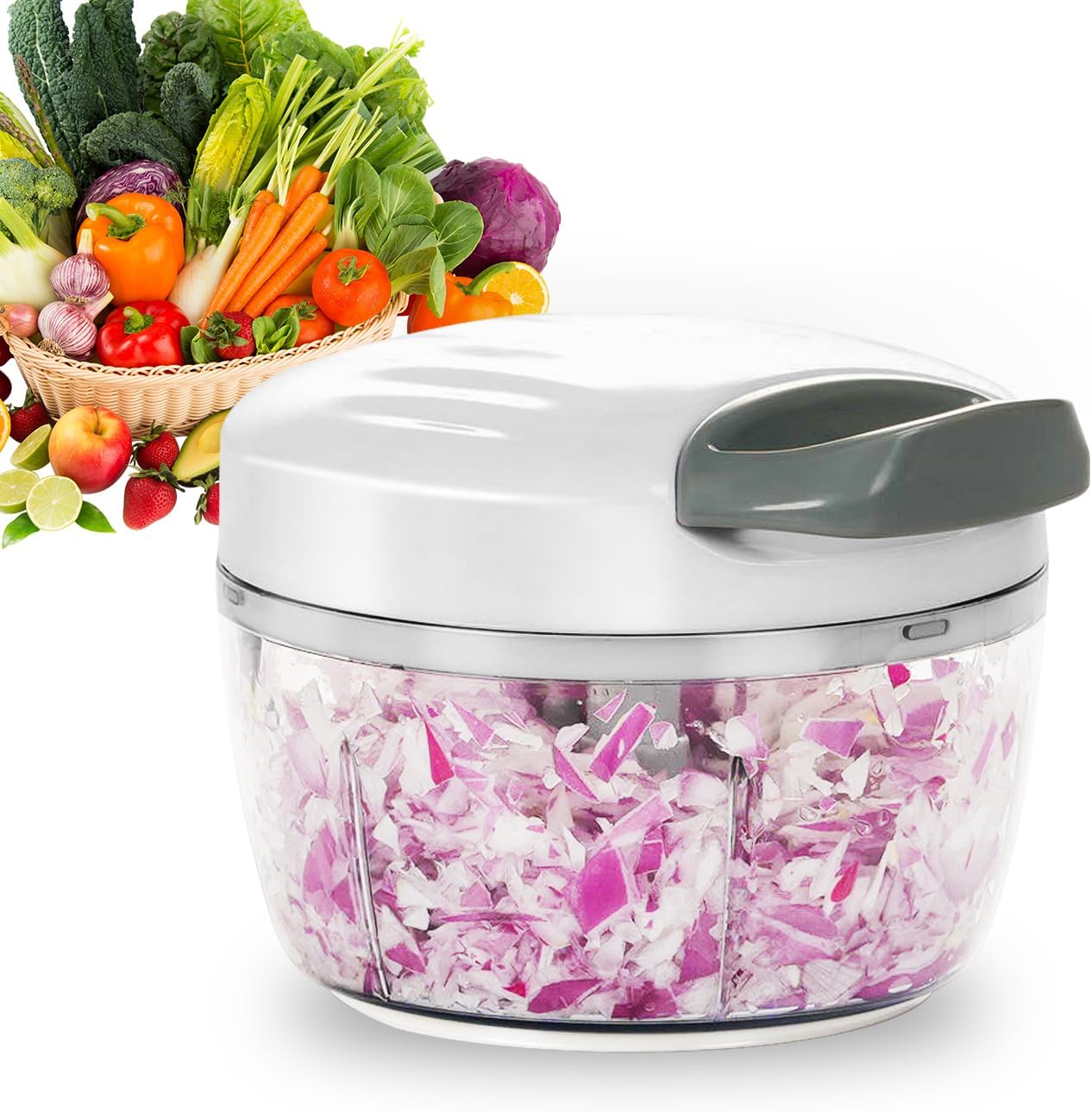 Manual Food Processor Vegetable Chopper 2.3 Cup Small Mini Hand Pull String Onion Chopper Garlic Mincer Cutter with 3 Stainless Steel Blades - White