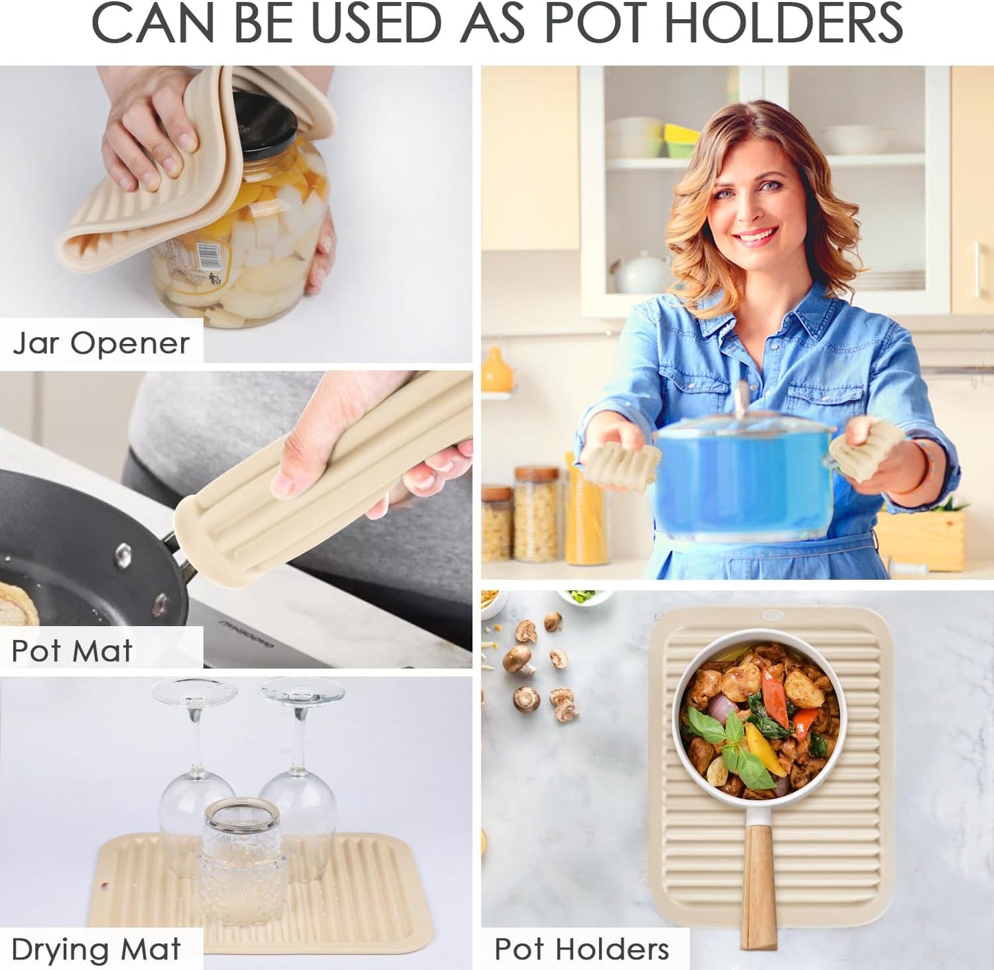 QPIX DIGITAL 4 Pack Silicone Trivets for Hot Dishes, Large & Heat Resistant Silicone Pot Holder Hot Pads for Kitchen, 9x12 Beige Silicone Trivet Mat for Hot Pots and Pans, Jar Opener, Drying Mat