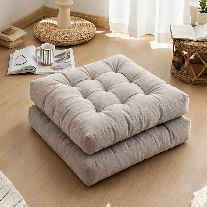 Tiita Meditation Floor Pillows, 22 Inch Square Floor Cushions for Adults, Thicken Tufted Seat Pad Set of 2, Large Floor Cushion for Yoga Garden Living Room Balcony Office Tatami, Grey