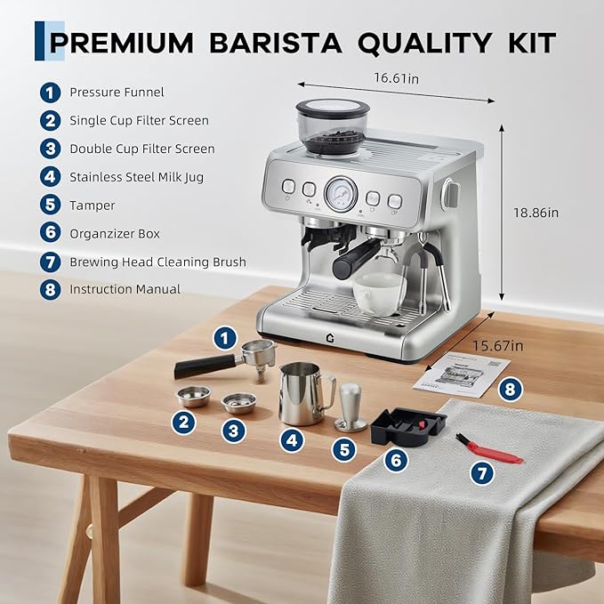 Garvee 20 Bar Pressure Stainless Steel Espresso Machine with Grinder, 2.8L Removable Water Tank, Milk Frother Steam Wand for Latte/Cappuccino - Adjustable Shot Volume, Professional Home/Office Use