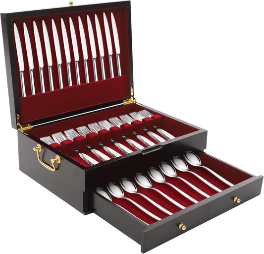 JOMCYDM Wooden Silverware Storage Box 2 Layers Silverware Chest Case with Drawer with Handle Lid Flatware Organizer for Kitchen Dining Room