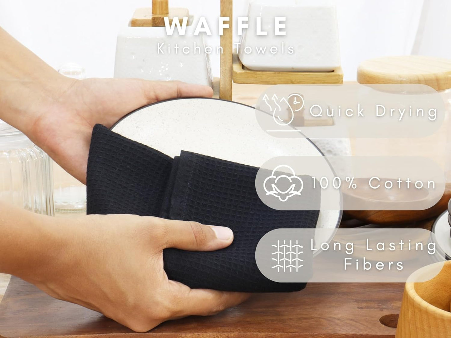 PurpleEssences Waffle Weave Kitchen Towel, 100% Cotton - 15 x 25 Inches, with Hanging Loop Ultra Soft Absorbent Quick Drying Dish Cloth, Tea and Hand Towels, 6 Pack - Spring Summer - Black