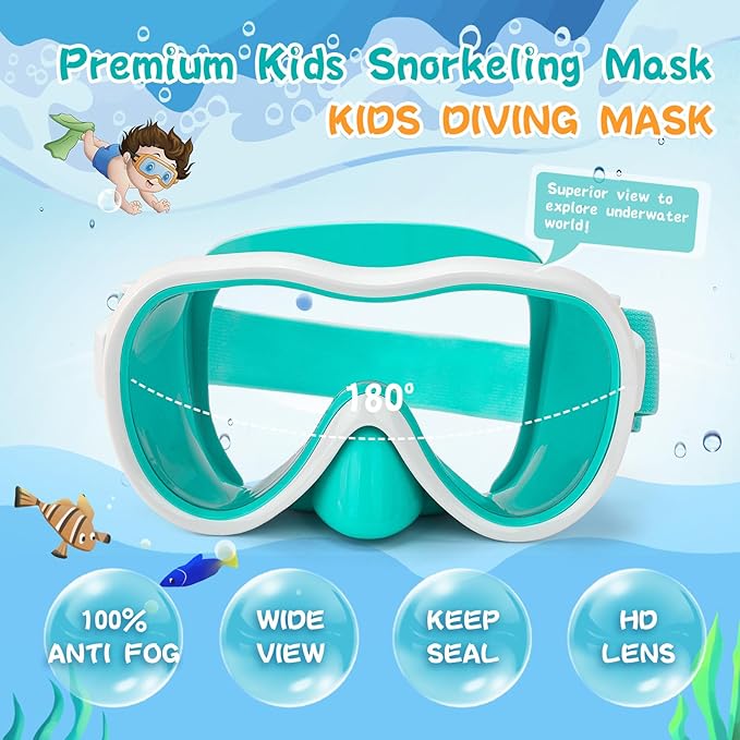 Kids Swim Goggles 180° Snorkel Diving Mask with Nose Cover, Anti-Fog Kids Swimming Goggles with Elastic Fabric Strap for Kids Boys Girls