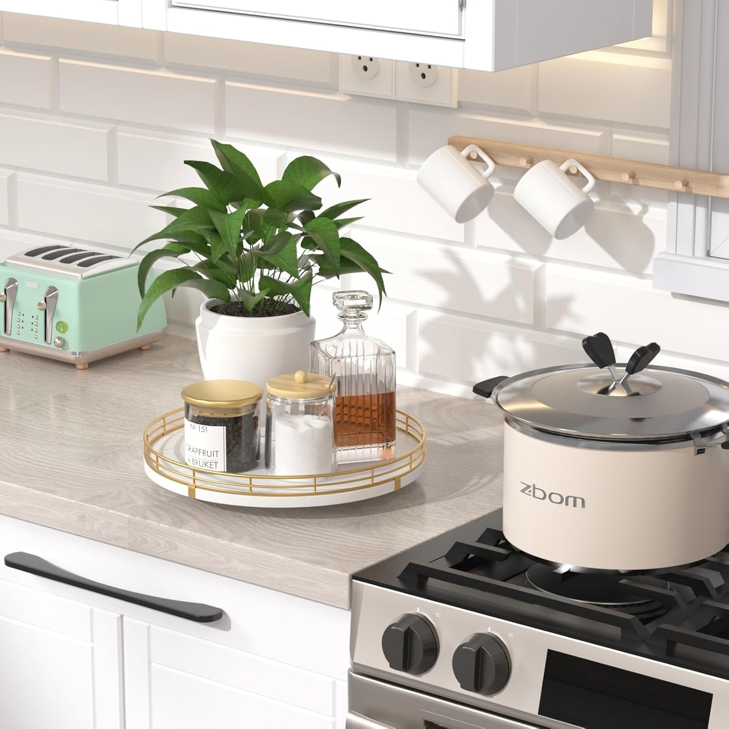 10" Wooden Lazy Susan Turntable for Cabinet – Rotating Spice Rack Organizer, Small Kitchen Countertop Tray for Dining Table & Pantry Storage (White & Gold)