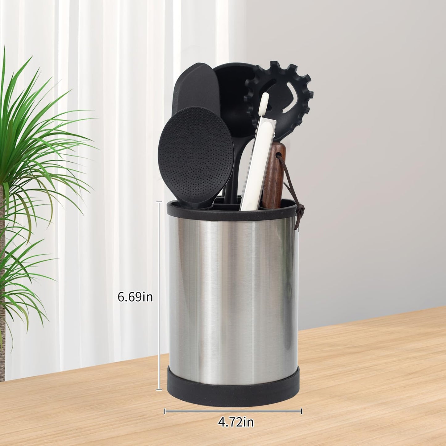 Stainless Steel Kitchen Utensil Holder,360° Rotating Utensil Holder for Counter Organizer with Weighted Base, Cooking Silverware Caddy Flatware 4 Compartment Flatware Spoon Spatula Lazy Susan（Silvery）