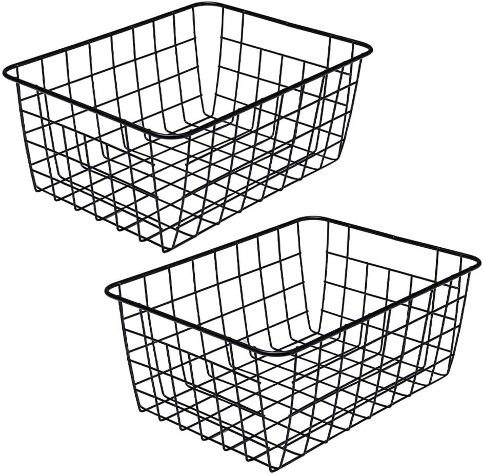 Kitchen Wire Baskets Farmhouse Decor Metal Food Storage Organizer, Household Refrigerator Bin with Built-in Handles for Cabinets,Pantry Set of 2 Black