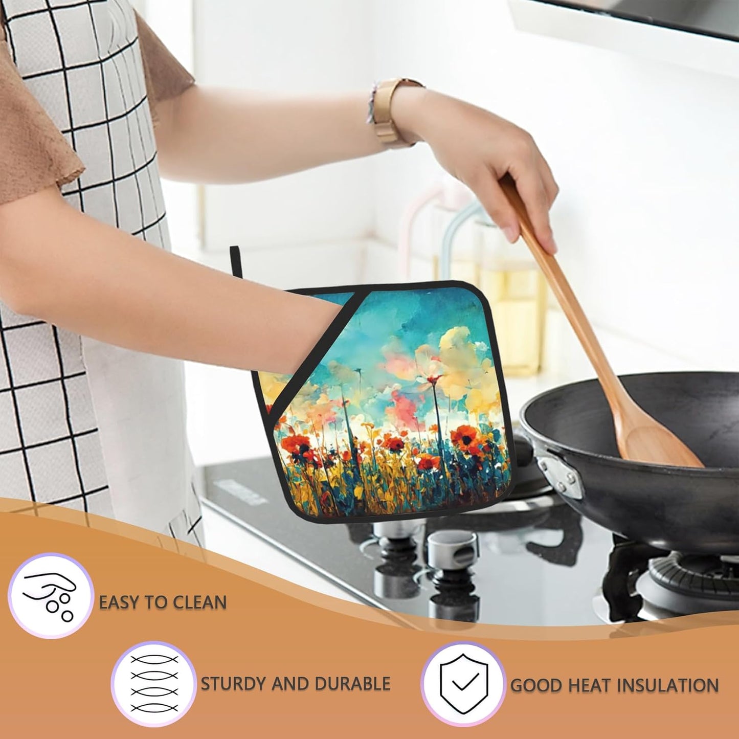 Abstract Red Poppy Flowers Pot Holders Set of 2, Kitchen Heat Resistant Potholder for Microwave Cooking Baking Oven End Dishes and BBQ