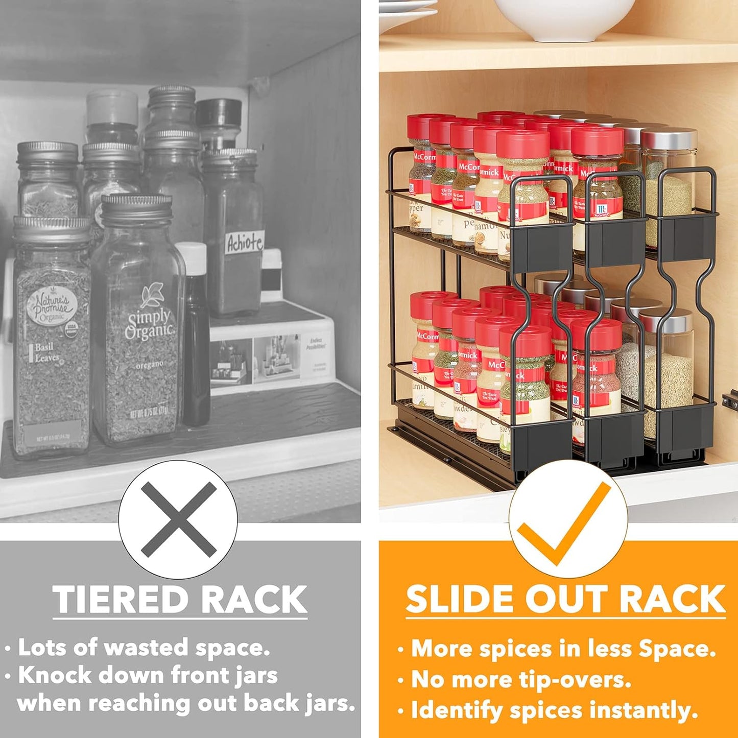 SpaceAid Pull Out Spice Rack Organizer, Heavy Duty Slide Out Seasoning Kitchen Organizer, Cabinet Organizer, with Labels, 7.7" W x10.75 D x10 H, 3 Drawers 2-Tier