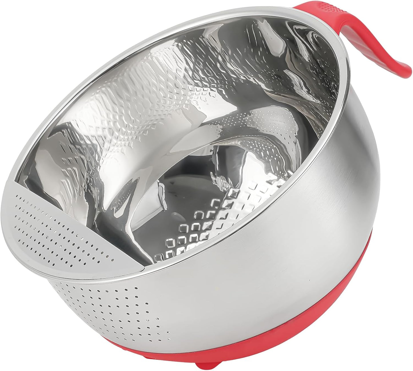 Rice Washer Strainer Bowl Quinoa Washing Bowl whit Handle Stainless Steel Colander Versatile Side Drainers for Cleaning Rinsing Fruits, Vegetables, and Beans - Tilting Non-slip Silicone Bottom, Red