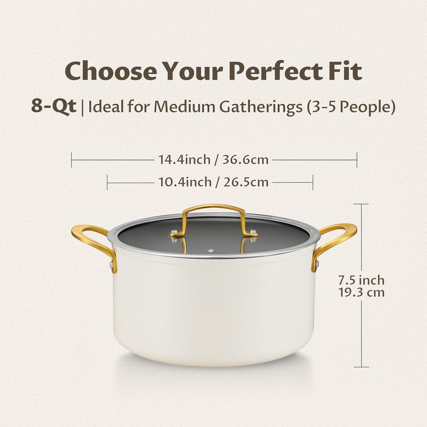BEZIA 8 Quart Ceramic Stock Pot, Non Toxic Soup Pots with Lid, Non Stick Pot with Stainless Steel Handle, Compatible With Most Cooktops, Even Heat Distribution, Perfect for Soups & Stews, Cream