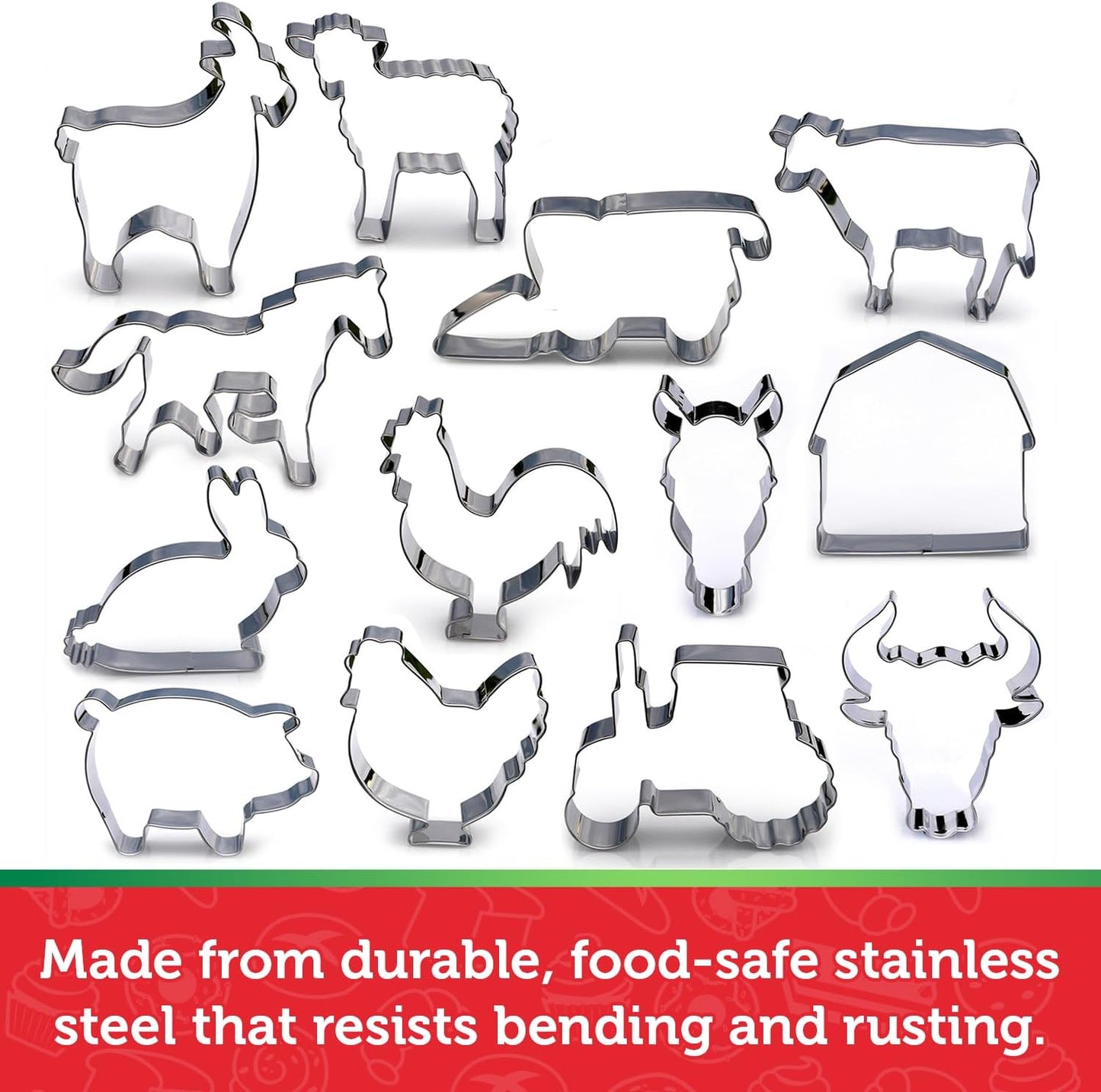 Farm Animal Cookie Cutter Set, 13 Piece Set, Premium Food Grade Stainless Steel, Dishwasher Safe