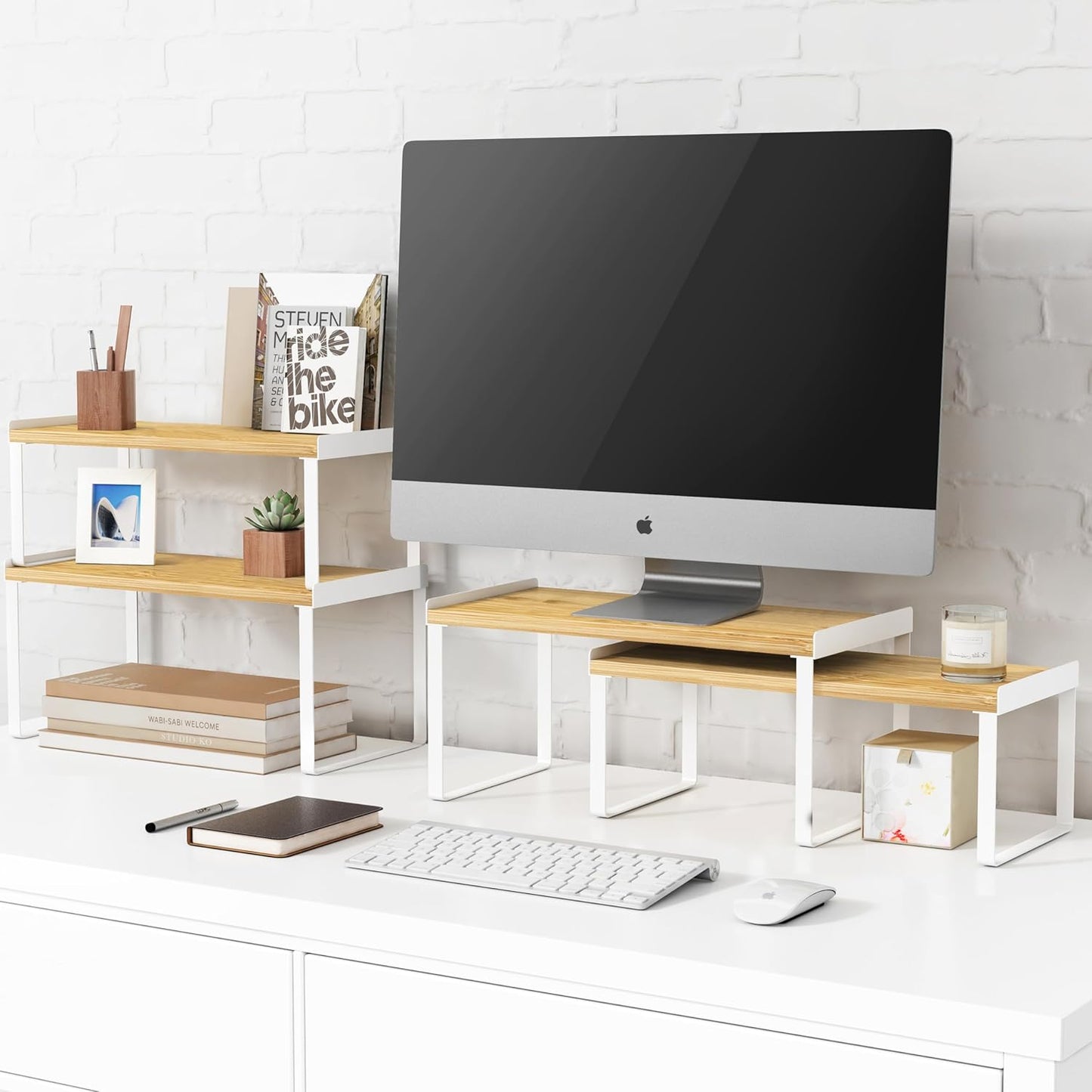 Kitchen Cabinet Organizer Shelf Set of 4, Large Stackable Pantry Cupboard Countertop Storage and Organizer, Desk Shelf Riser, Spice Plate Cup Expandable Storage Rack (Bamboo White)