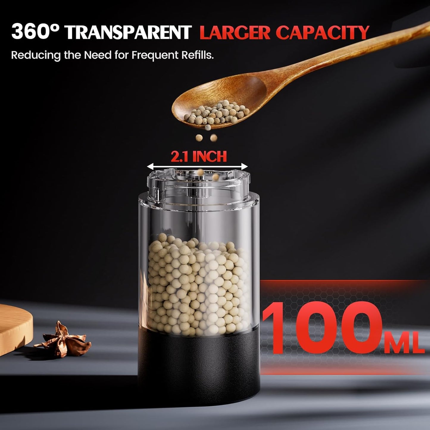 Electric Salt and Pepper Grinder Set Automatic Battery Pepper Mill Shakers Adjustable Coarseness Easy Filling Upgraded Larger Capacity with Led (2 Pack Black/White）