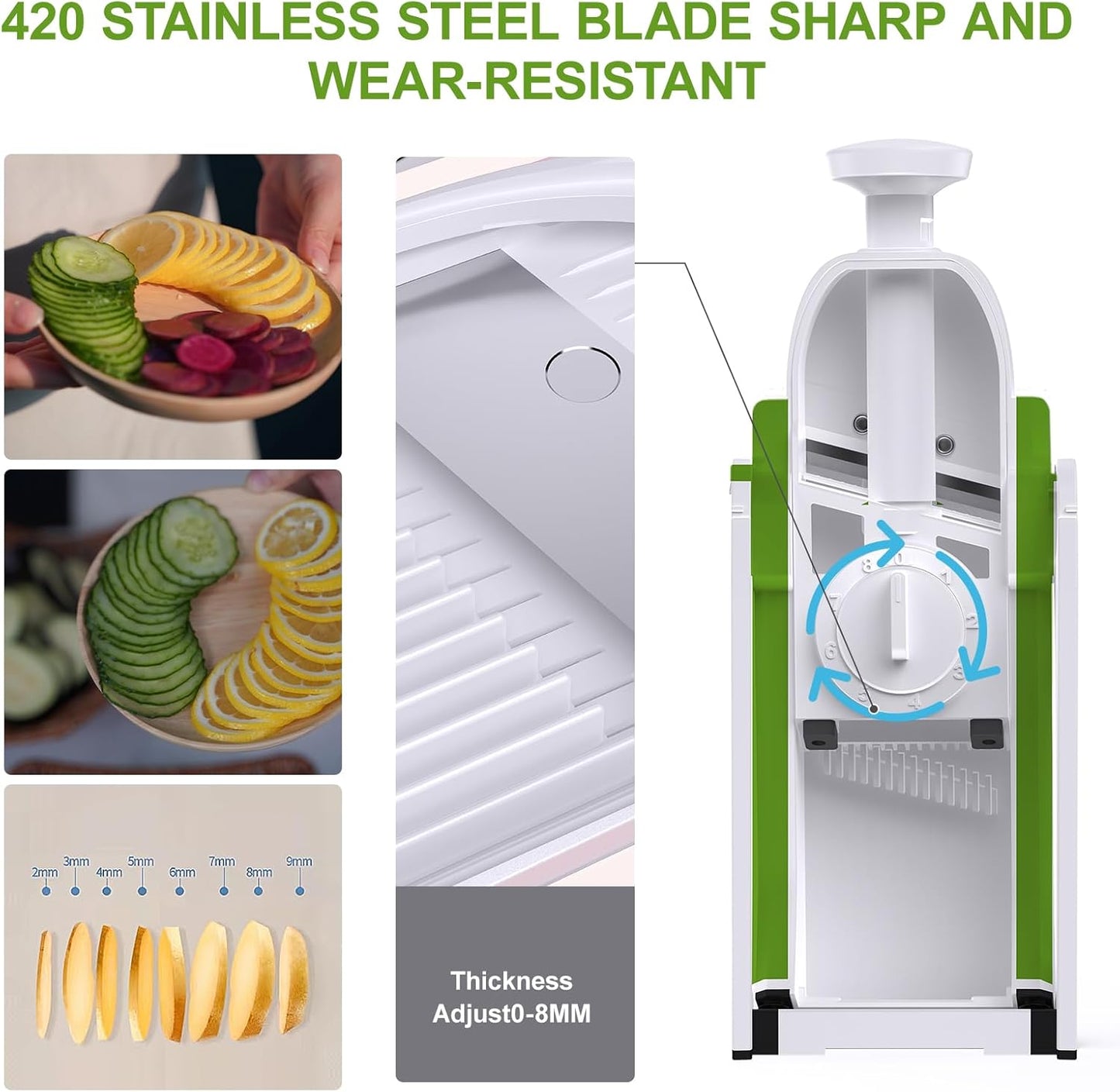 Safe Mandoline Slicer for Kitchen, Potato Slicer, Meal Prep, Adjustable/Easy to Clean/Storage, Kitchen Chopping Artifact, Paring Knife/Cleaning Brush (only Slice, Avocado Green)