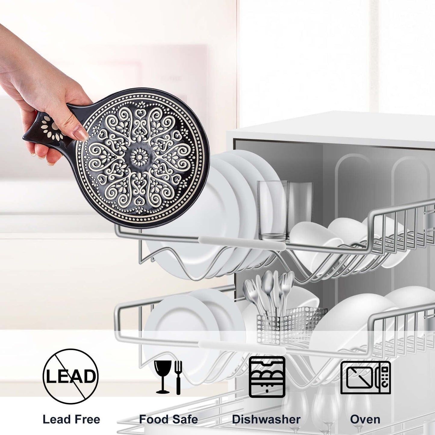 Ceramic Spoon Rest, Cooking Spoon Holder for Kitchen Counter/Stove Top/Dining Table Modern Farmhouse Decorative, Large (Black)