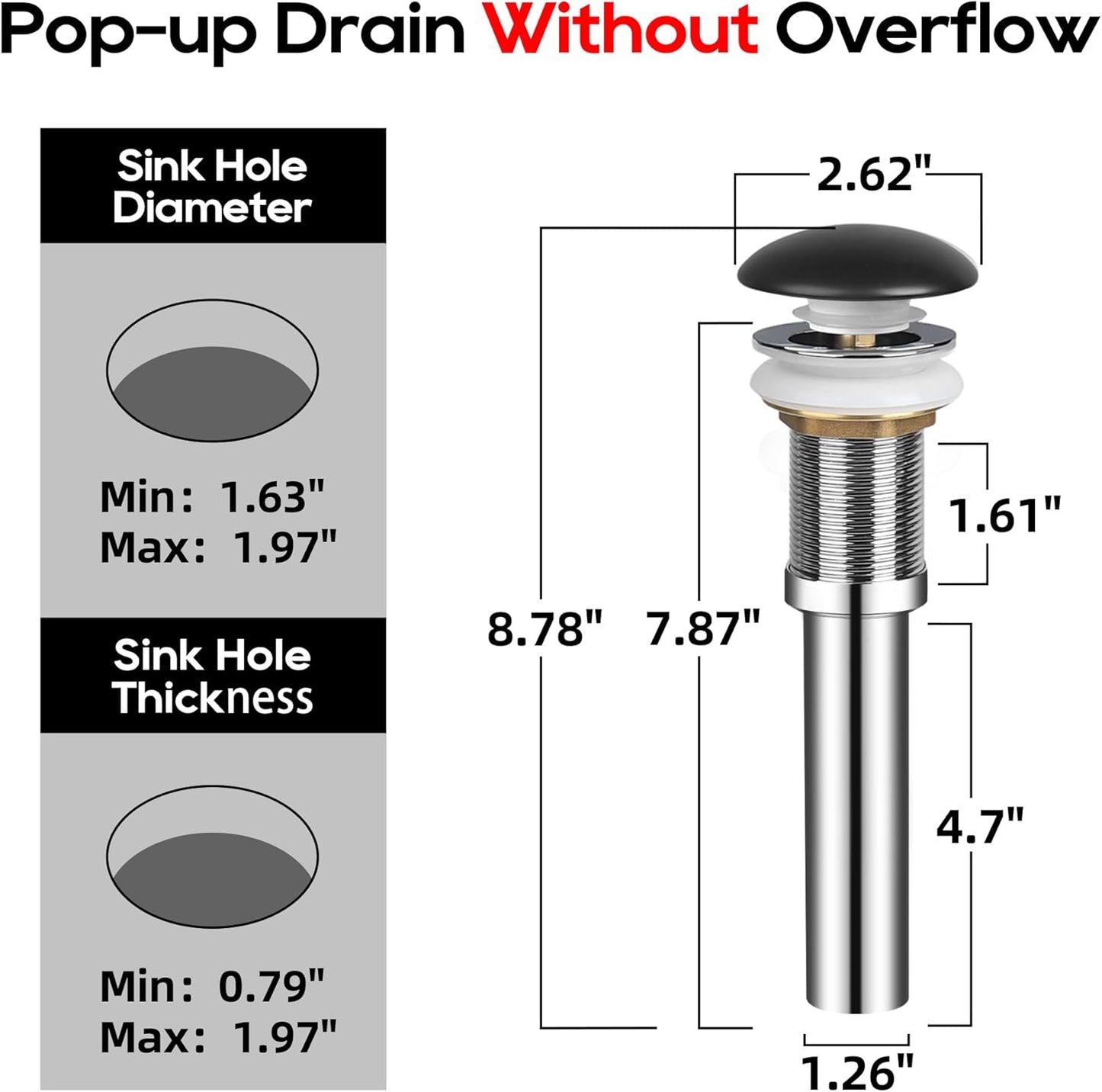 Bathroom Sink Drain Without Overflow, Ceramic Cap Pop Up Drain Stopper, Rustproof Brass and 304 Stainless Steel, Black