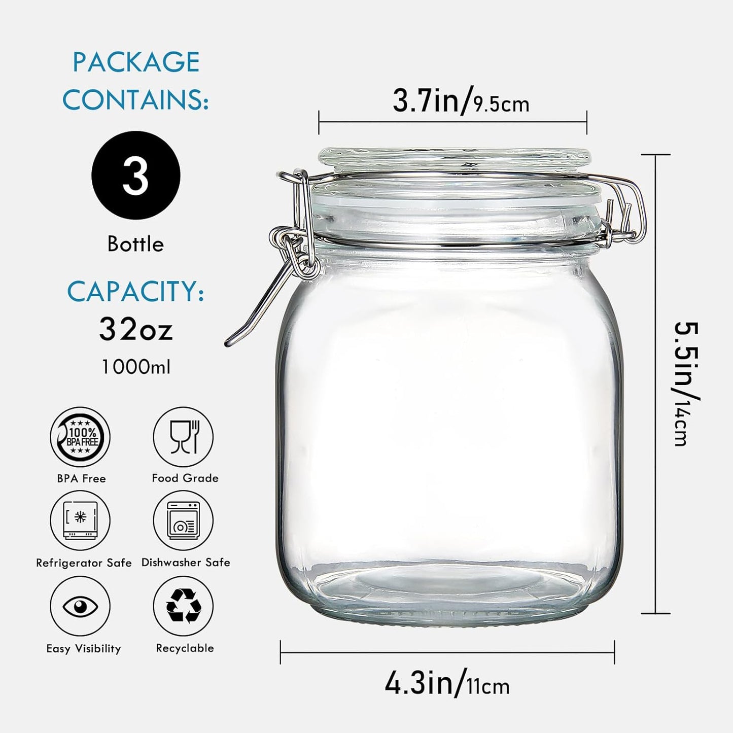 YEBODA 32oz Food Storage Canister Glass Jars with Clamp Airtight Lids and Silicone Gaskets for Multi-Purpose Kitchen Containers - Clear Square (3 Pack)