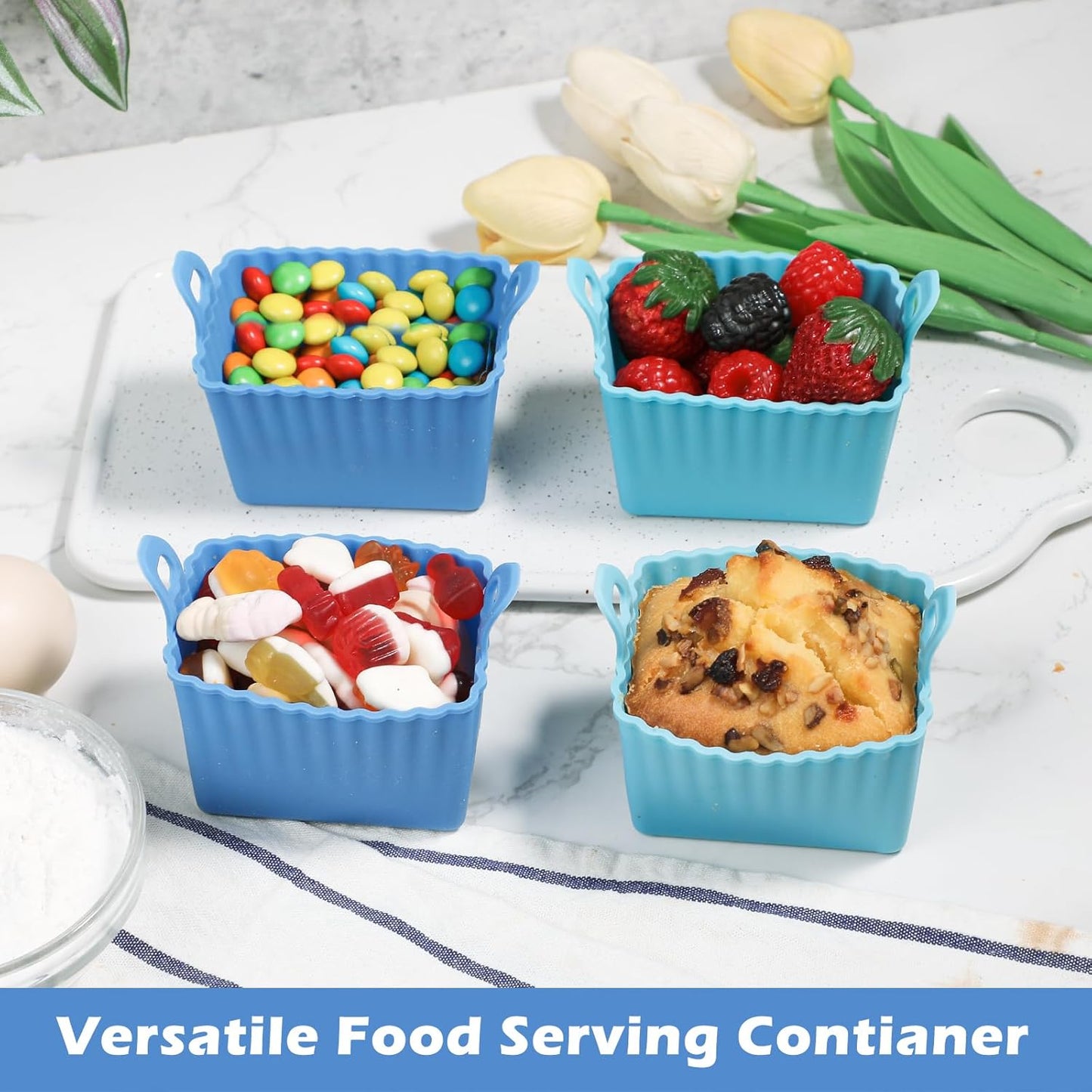 Koluti Nonstick Silicone Muffin Baking Cups Pack of 4, Reusable Cupcake Molds with Double Handle, BPA Free, Small Rectangle Air Fryer Cupcakes Liner, 2 Colors