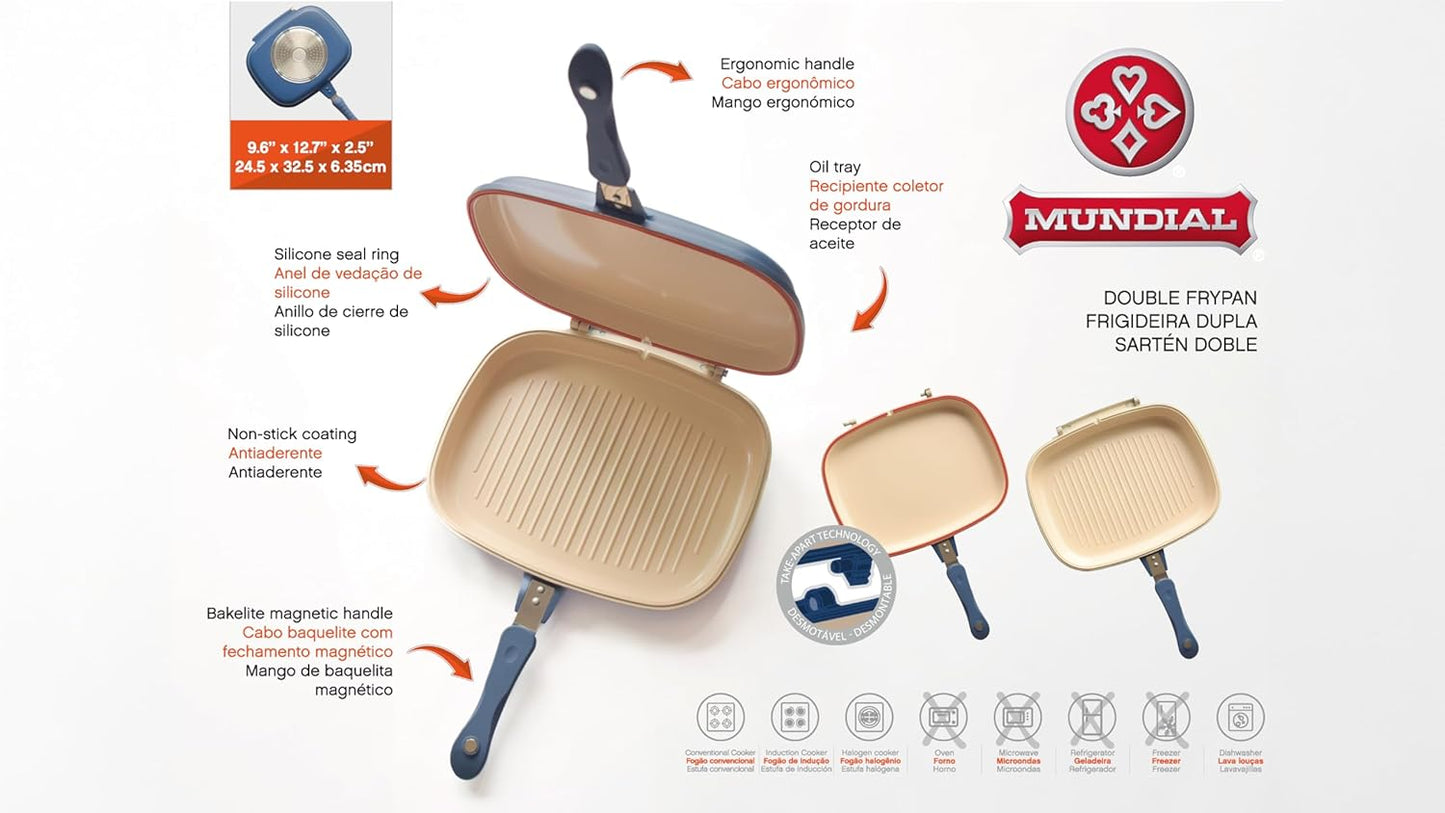 Mundial 12-Inch Take-A-Part Double Skillet – Nonstick Ceramic Coated Frying Pan for All Stovetops (Gas, Electric, Induction, Ceramic) – Dishwasher Safe with Extra Silicone Seal