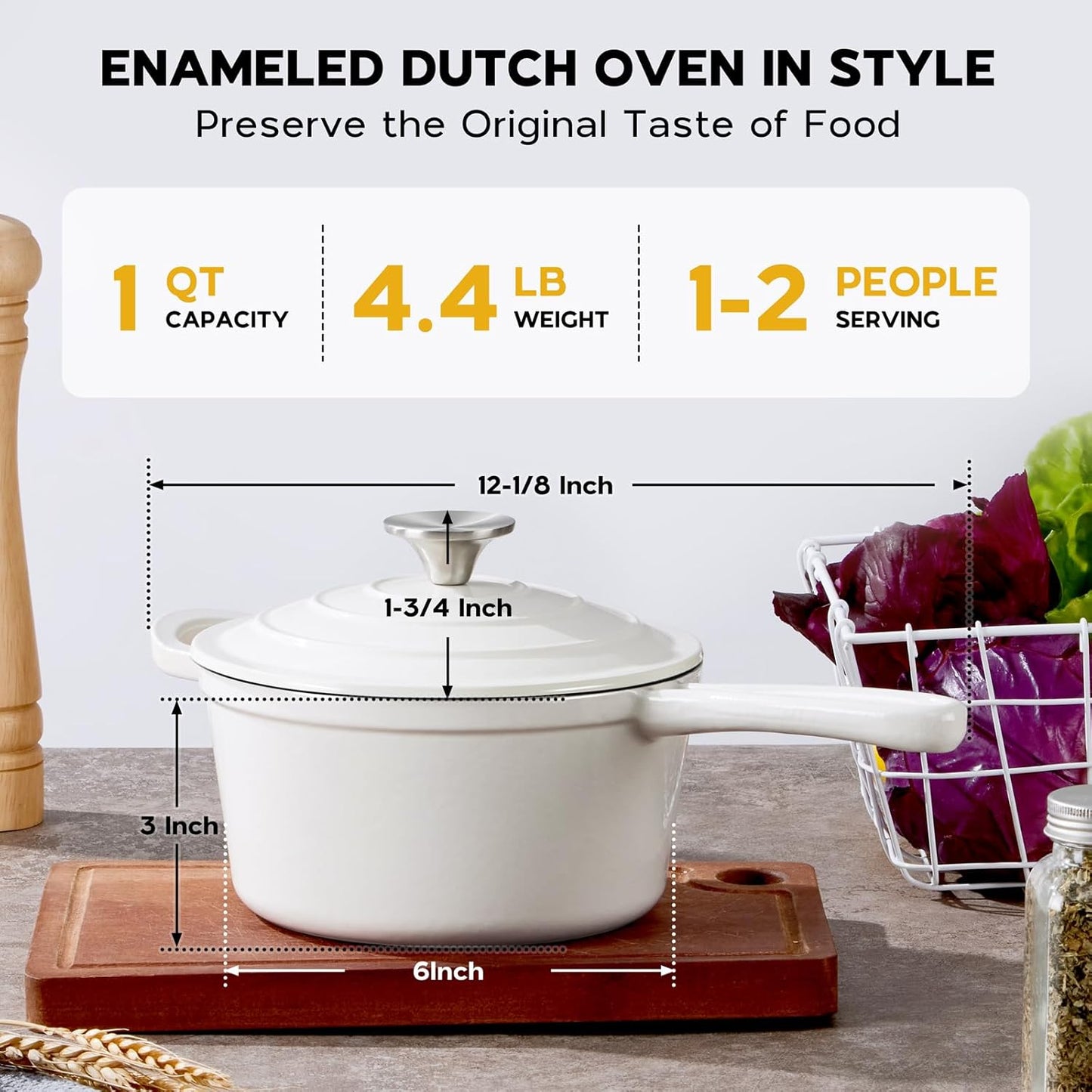 1QT Sauce Pan, Onader Enameled Cast Iron Saucepan Dutch Oven Pot with Lid, Small Cooking Sauce Pot, Nonstick & Oven Safe – White