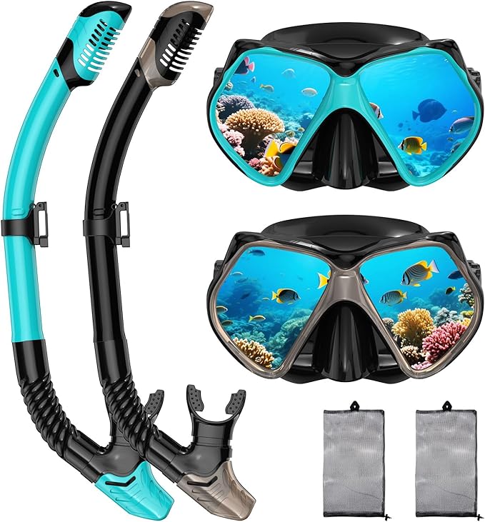 2 Pack Snorkeling Gear for Adults, Dry Snorkel, Mask Set Adult, Diving Scuba Mask, Scuba Gear, Swimming Goggles with Nose Cover, Swim Freediving Tempered Glass Panoramic View Travel Packages