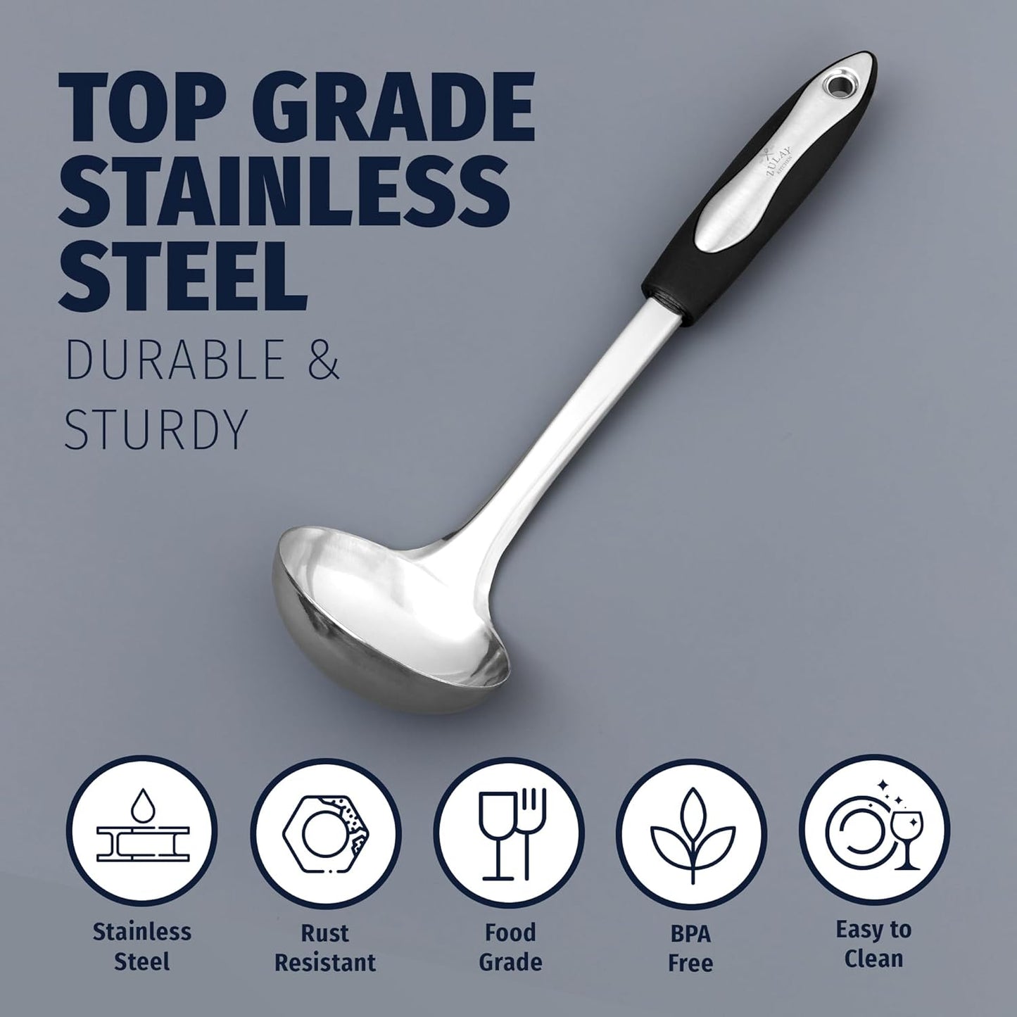 Zulay Kitchen Premium Soup Ladle – 12" Stainless Steel with Non-Slip Silicone Handle