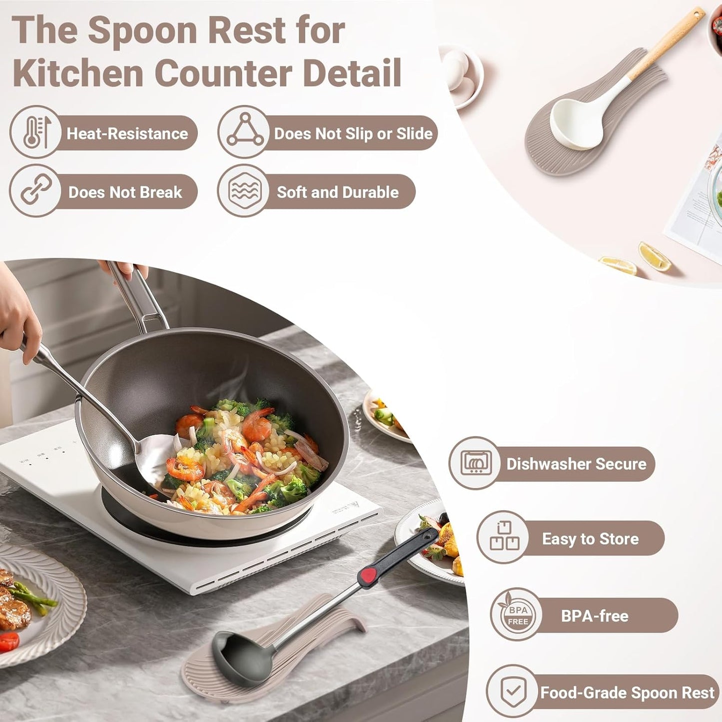 Heat Resistant Silicone Spoon Rest, Non-Slip Spoon Holder for Kitchen Counter, Silicone Spoon Rest for Stove Top for Spoons, Spatulas, Ladles, Tongs (Khaki)