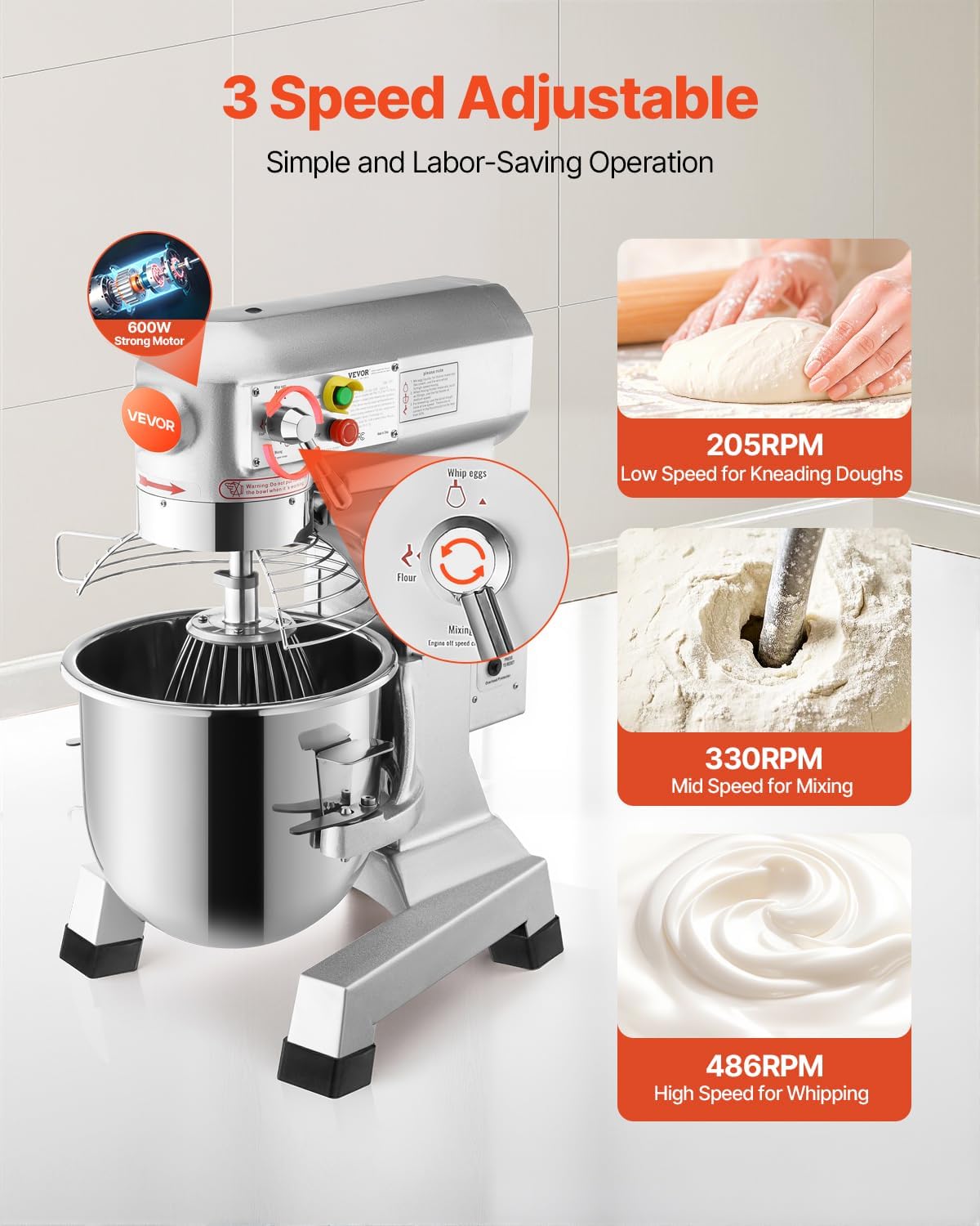 Happybuy 15Qt Commercial Food Mixer with Timing Function， Commercial Mixer 600W Stainless Steel Bowl Heavy Duty Electric Food Mixer Commercial with 3 Speeds Adjustable, Perfect for Bakery Pizzeria