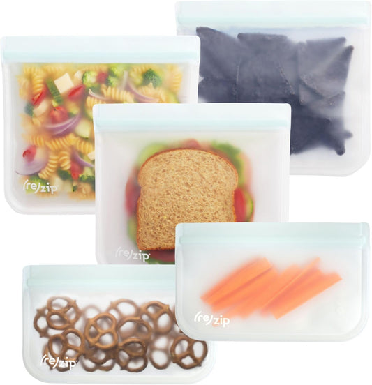 (re) zip 5-Piece Flat Lunch Reusable Food Storage Bags, BPA-Free, Leakproof, Freezer Safe, Dishwasher Safe, Travel Friendly, (3) Sandwich (3.5-Cup/28-Ounce), (2) Snack 1-Cup/8-Ounce Bags, (Clear)